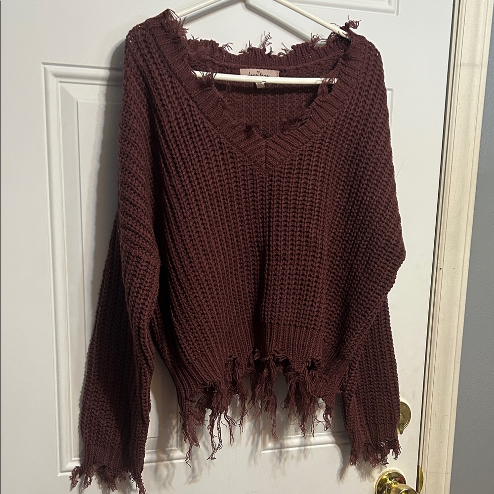 Love Tree Maroon Distressed V-Neck Sweater